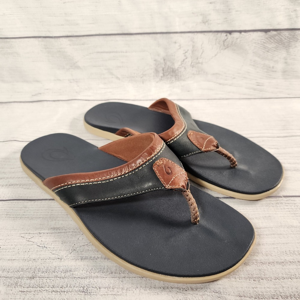 OluKai Polena Mens 12 Blue Brown Leather Flip Flop Sandals 10263-DEDE
